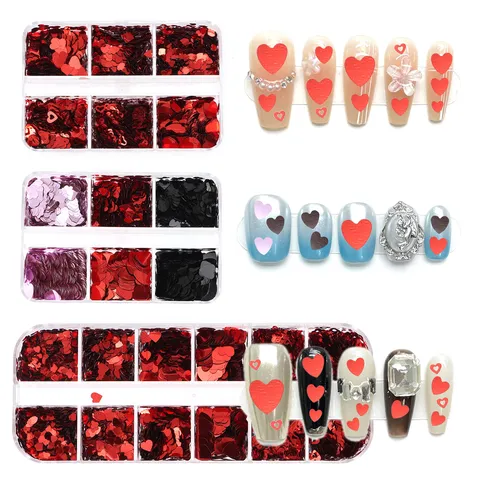 Valentine Heart Nail Art Sequins Mixed Size Red Mixed Color Acrylic Nail Glitter Flakes For DIY Manicure