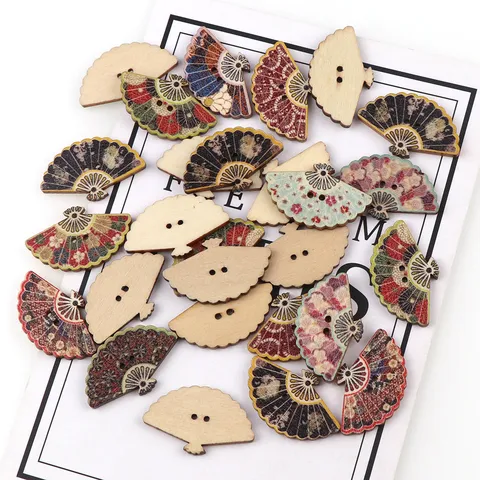 Painted Wooden Fan Shaped Buttons Traditional Print Mixed Color DIY Sewing Craft Clothing Accessories