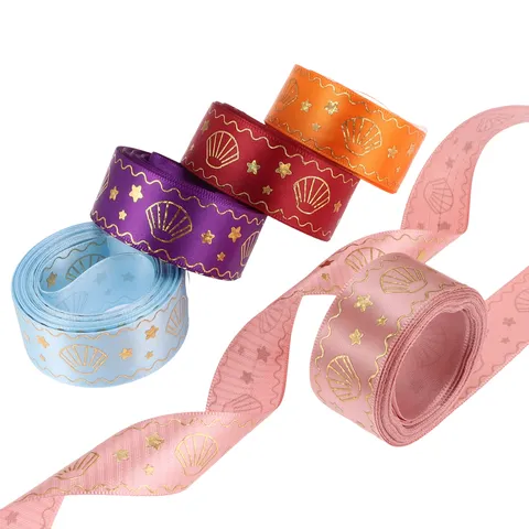 Cinta de Poliéster Estampada en Oro Láser con Patrón de Concha y Estrella para Envoltorio de Regalo DIY Costura y Decoración
