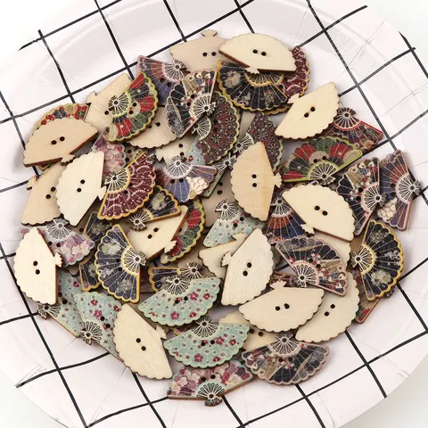 Painted Wooden Fan Shaped Buttons Traditional Print Mixed Color DIY Sewing Craft Clothing Accessories