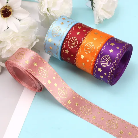 Cinta de Poliéster Estampada en Oro Láser con Patrón de Concha y Estrella para Envoltorio de Regalo DIY Costura y Decoración