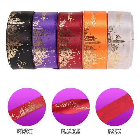 Gold Stamping Letter Printed Polyester Satin Ribbon Eid Mubarak Festival Gift Wrapping Ribbon Craft Decoration