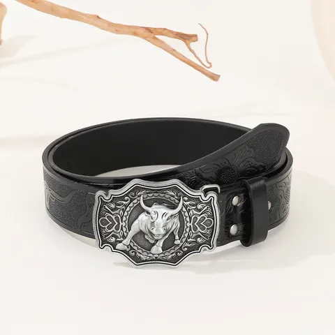 Vintage Western Embossed PU Leather Men's Belt Fashion Bull Head Buckle With Detailed Carved Design For Men