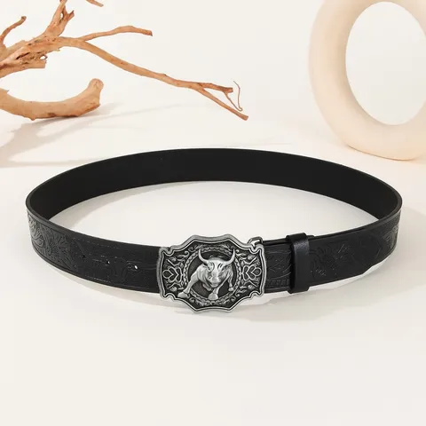 Vintage Western Embossed PU Leather Men's Belt Fashion Bull Head Buckle With Detailed Carved Design For Men
