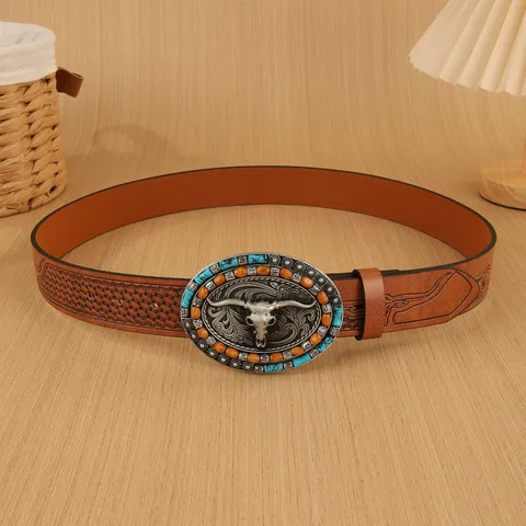 Men's Vintage Western PU Leather Belt Bull Head Alloy Buckle Embossed Casual Cowboy Belt For Men Fashion Accessories