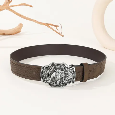 Men Vintage Bull Head PU Leather Belt Retro Metal Buckle Casual Fashion Waistband For Daily Wear Men Accessories