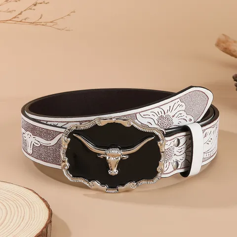 Vintage Western Cowboy PU Leather Belt With Alloy Bull Head Buckle Carved Floral Unisex Fashion Waist Belt