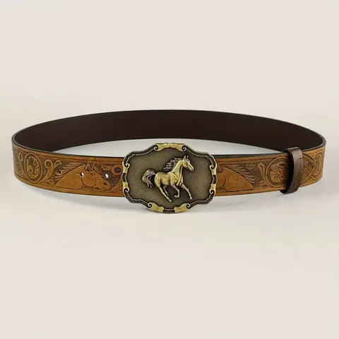 Vintage Heren PU Leren Riem Westerse Cowboy Stijl Brons Paard Plaat Gesp In Relief Casual Mode Tailleband