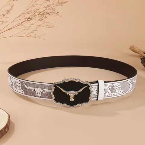 Vintage Western Cowboy PU Leather Belt With Alloy Bull Head Buckle Carved Floral Unisex Fashion Waist Belt