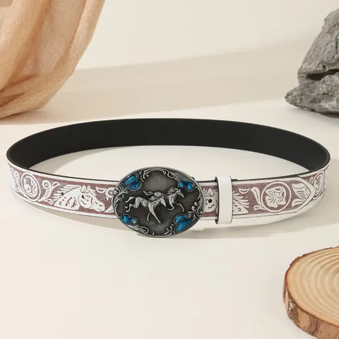 Western Cowboy Style Men Belt Vintage Embossed PU Leather Strap With Silver Alloy Double Horse Large Plate Buckle Casual Fashion