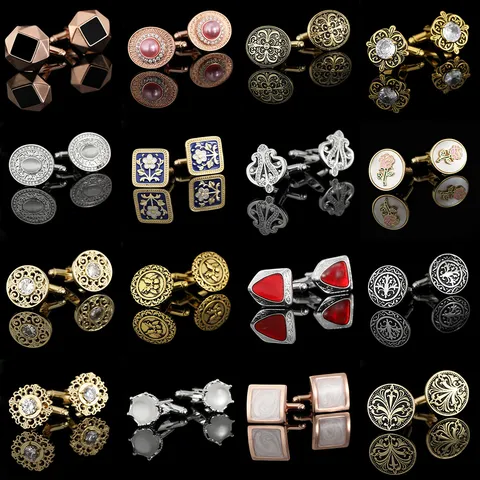 Vintage Gold Silver Plated Copper Cufflinks For Men Women Geometric Hollow Rhinestone Business Shirt Cuff Links Jewelry
