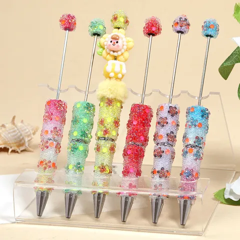 Handmade DIY Beaded Ballpoint Pen Gradient Glass Bubble Beads Rhinestone Flower Pen Cute Metal Stationery For School Office Gift