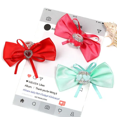 Nœud en Ruban de Satin Fait Main Breloque Perle Strass Cœur Pour Élastique Cheveux Porte Clés Voiture Bricolage Fournitures Bijoux