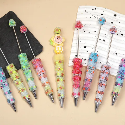Handmade DIY Beaded Ballpoint Pen Gradient Glass Bubble Beads Rhinestone Flower Pen Cute Metal Stationery For School Office Gift