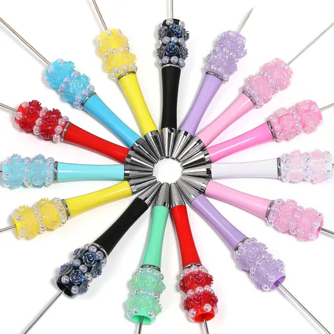 Luxury DIY Beading Ballpoint Pen Acrylic Resin Camellia Rose Flower Artificial Pearl Rhinestone Beadable Writing Pen Office School Supplies Gift