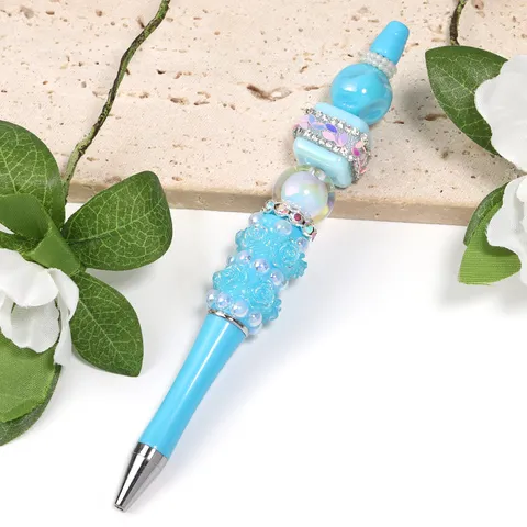 Luxury DIY Beading Ballpoint Pen Acrylic Resin Camellia Rose Flower Artificial Pearl Rhinestone Beadable Writing Pen Office School Supplies Gift