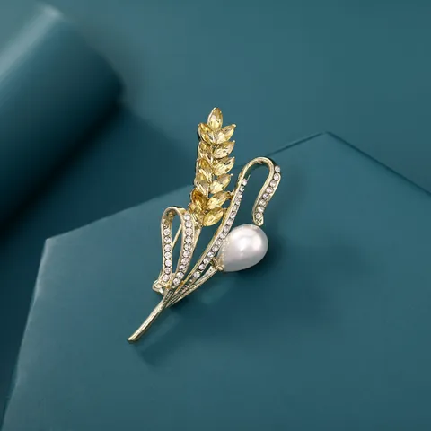 Elegant Alloy Rhinestone Wheat Ear Brooch For Women Gold Color Artificial Pearl Plant Leaf Lapel Pin Suit Corsage Fashion Jewelry