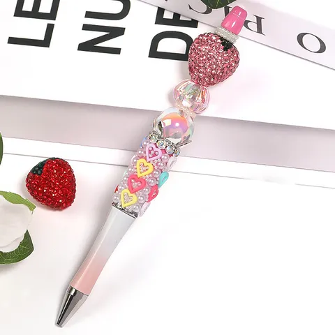 Dopamine Style DIY Beaded Ballpoint Pen Plastic Twist Action Writing Pen with Artificial Pearl Heart Beads for School Stationery