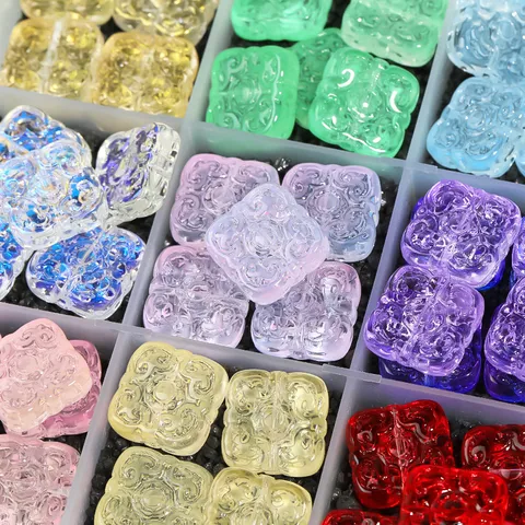 Square Lampwork Glass Beads Auspicious Pattern Engraved Spacer Beads Loose Charms For DIY Necklace Bracelet Making Jewelry Craft Accessories