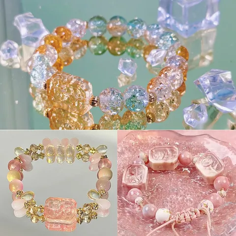 Square Lampwork Glass Beads Auspicious Pattern Engraved Spacer Beads Loose Charms For DIY Necklace Bracelet Making Jewelry Craft Accessories