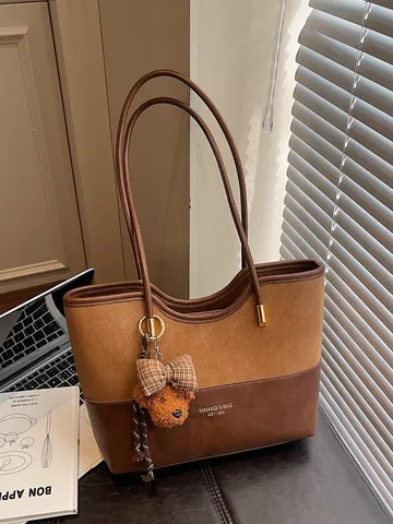 Retro Patchwork Tote Bag For Women Large Capacity PU Leather Shoulder Bag With Bear Charm Office School Shopping Bag