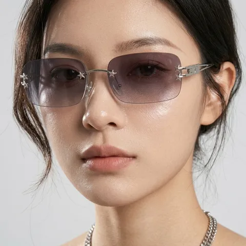 Rimless Rectangular Sunglasses With Star Metal Decor Y2K Millennial Fashion Trendy Square Frame UV400 Shade Eyewear
