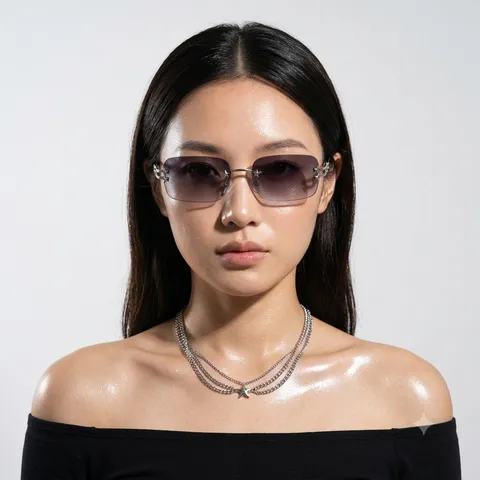 Rimless Rectangular Sunglasses With Star Metal Decor Y2K Millennial Fashion Trendy Square Frame UV400 Shade Eyewear