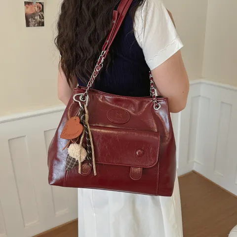 Sac Cabas en Cuir PU pour Femmes de Grande Capacité Rétro Mode Chaîne Sac à Bandoulière Sac Seau Sac à Main