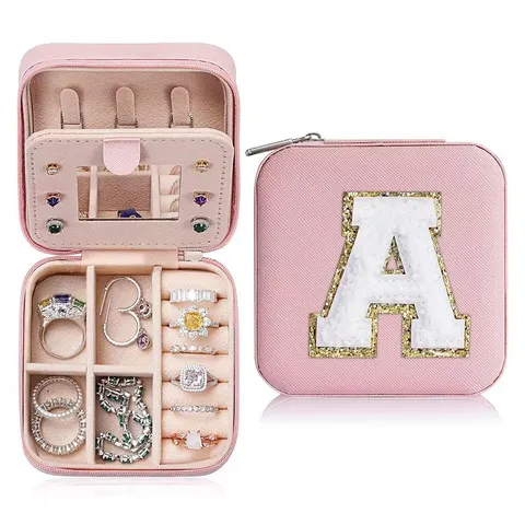 Alphabet Personalized Jewelry Storage Box Travel Portable Jewelry Case Pink Leather Case With Chenille Letter Patch For Earrings Rings Storage