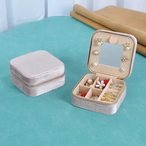 Portable Velvet Jewelry Box Small Travel Jewelry Organizer Case With Mirror For Rings Earrings Necklace Jewelry Storage Box