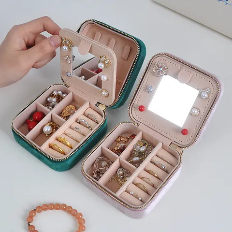 Portable Velvet Jewelry Box Small Travel Jewelry Organizer Case With Mirror For Rings Earrings Necklace Jewelry Storage Box
