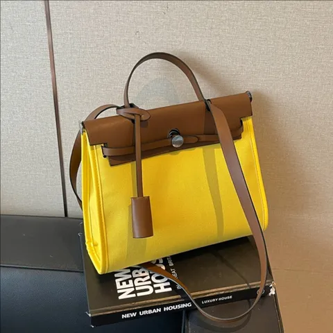 Grand Sac Cabas Patchwork en Toile et Cuir pour Femmes Sac à Main Décontracté de Banlieue Sac Bandoulière Mode