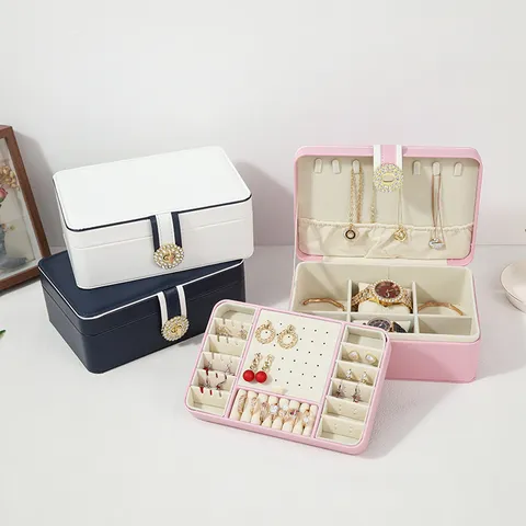 Double Layer PU Leather Jewelry Box Velvet Lining Multipurpose Jewelry Organizer Cases With Lock Rhinestone Buckle Watch Earring Storage Gift Box