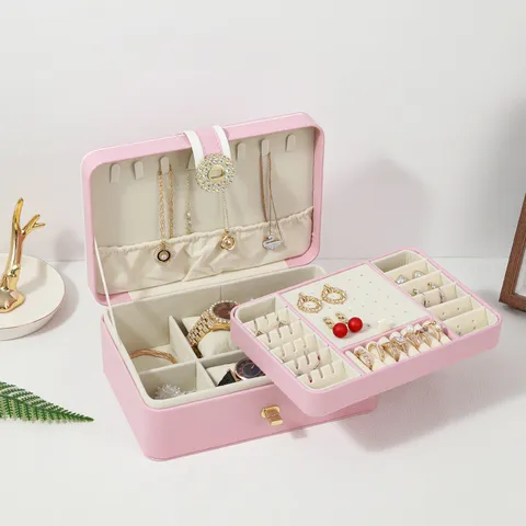Double Layer PU Leather Jewelry Box Velvet Lining Multipurpose Jewelry Organizer Cases With Lock Rhinestone Buckle Watch Earring Storage Gift Box