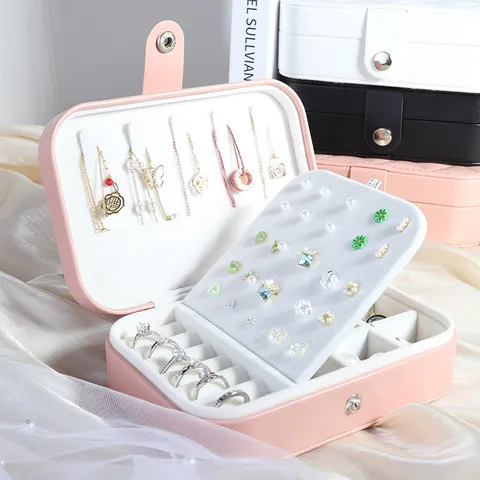 Portable PU Leather Jewelry Organizer Box Large Capacity Travel Storage Case For Rings Earrings Necklaces Quilted Design