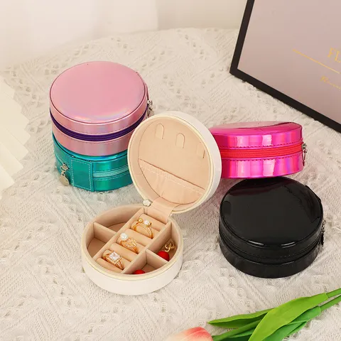 Portable PU Leather Mirror Round Jewelry Organizer Box Creative Storage Case For Earrings Rings Necklaces Travel Mini Gift