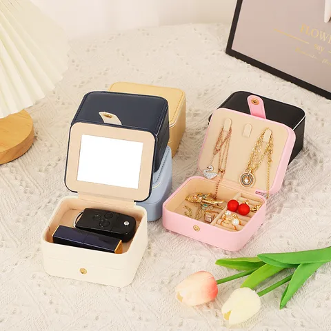 Portable PU Leather Jewelry Box Double Layer Organizer Box With Mirror Travel Jewelry Storage Case Small Square Box For Women