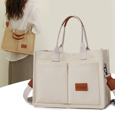Minimalistische Einfarbige Segeltuch Tragetasche Für Damen Große Kapazität Lässige Schulter Umhängetasche Geschäft Pendeln Handtasche