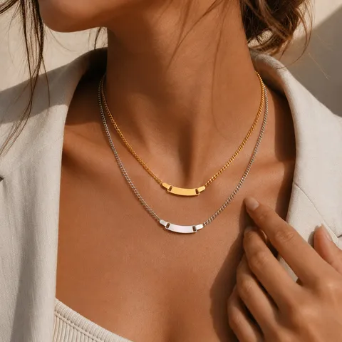 Fashion Stainless Steel Curb Chain Curved Bar Pendant Necklace Blank ID Tag Geometry Choker Party Daily Jewelry Gift For Women