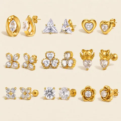 Women Stainless Steel Rhinestone Stud Earrings Heart Flower Clover Cat Shape Gold Plated Fashion Jewelry Studs For Girls