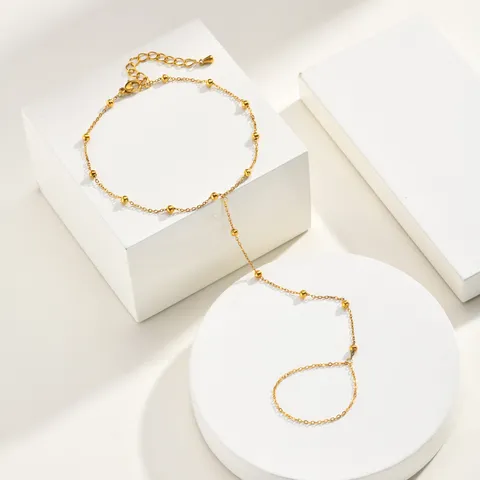 Vintage Stainless Steel Toe Ring Anklet Gold Plated Beaded Foot Chain Geometric Body Jewelry For Beach Vacation Women Gift