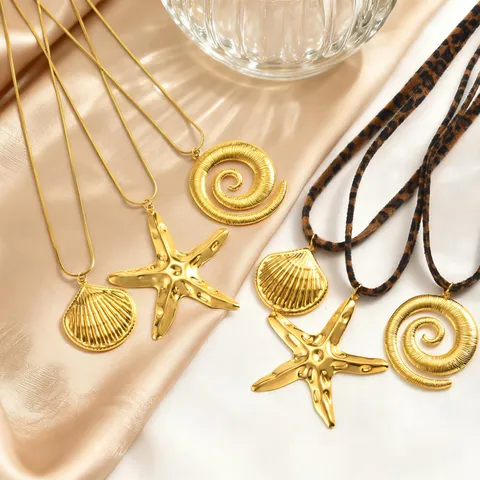 Ocean Style Stainless Steel Starfish Shell Pendant Necklace For Women Leopard Velvet Cord Long Gold Necklace Summer Beach Jewelry