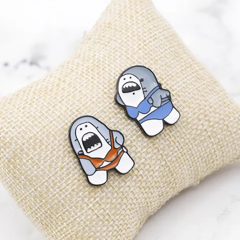 Funny Cartoon Bikini Shark Enamel Brooch Pin Cute Quirky Couple Shark Denim Lapel Badge Pins Jewelry Accessories For Clothing Backpack Gifts