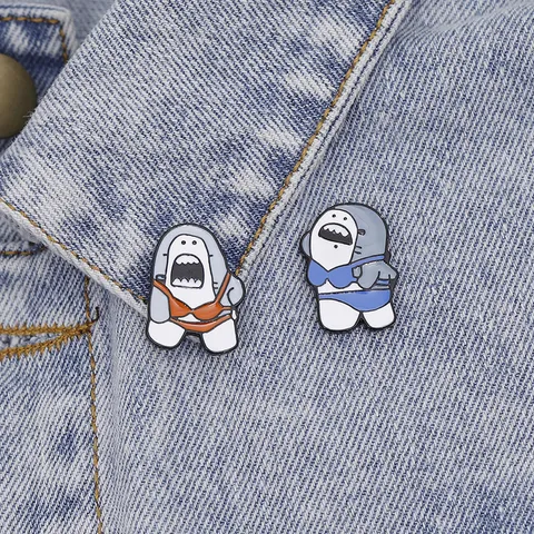 Funny Cartoon Bikini Shark Enamel Brooch Pin Cute Quirky Couple Shark Denim Lapel Badge Pins Jewelry Accessories For Clothing Backpack Gifts