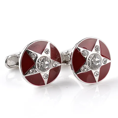 Euro-American Alloy Rhinestone Star Cufflinks Hollow Out Geometric Red Enamel Silver Plated Men Women Shirt Suit Cuff Links Accessories
