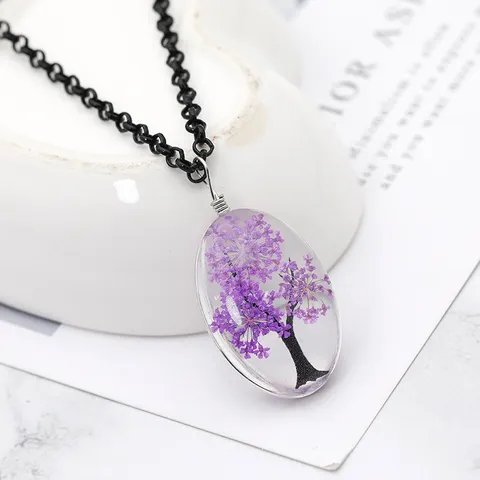 Handgemachte Glas Oval Trockenblume Lebensbaum Anhänger Halskette Kreative Gypsophila Botanisch Floral Unisex O-kette Schmuck Geschenk