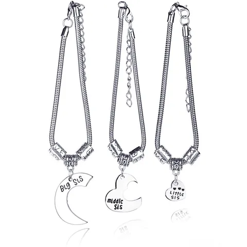 Alloy Heart Splicing Sister Bracelets Big Middle Little Sis Engraved Snake Chain Friendship Jewelry For Women Girls Gift