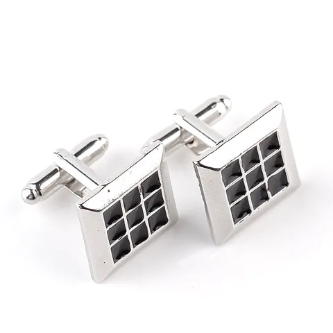 Boutons de Manchette Élégants en Alliage Français Argent Noir Carré Motif de Grille Chemise Homme Accessoire de Costume Formel d'Affaires