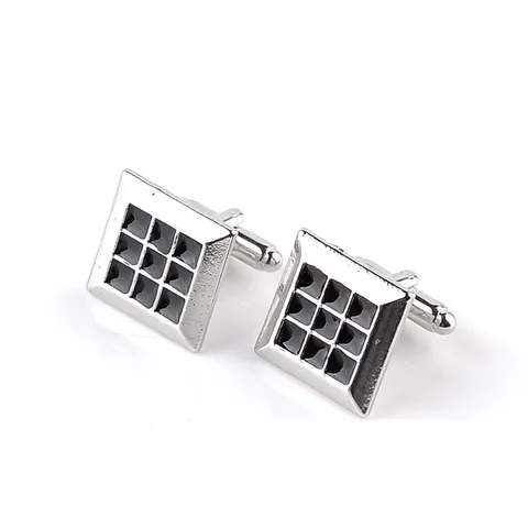 Boutons de Manchette Élégants en Alliage Français Argent Noir Carré Motif de Grille Chemise Homme Accessoire de Costume Formel d'Affaires