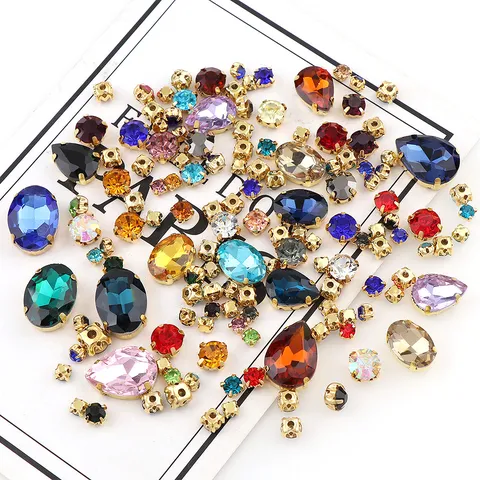 Multicolor Klauwboor Set Gouden Basis Diverse Vormen Kristallen Stenen Voor DIY Kleding Trouwjurk Sieraden